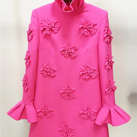 Bright Pink Mini Dress with Floral Appliqué Detail - Picture 2 of 4